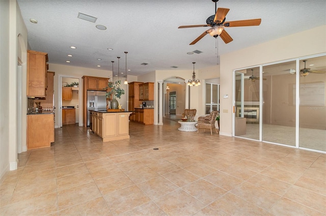 336 Highcroft Ct, Lake Mary, FL 32746 - unfurnished living room with ceiling fan, arched walkways, light tile patterned floors, a chandelier, and recessed lighting