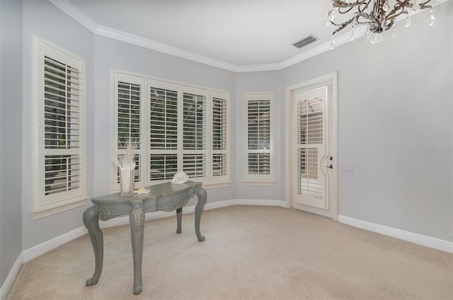 336 Highcroft Ct, Lake Mary, FL 32746 - home office featuring light colored carpet, a chandelier, and crown molding