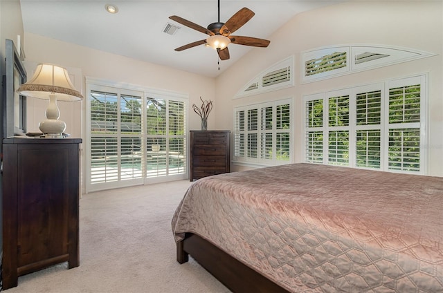 336 Highcroft Ct, Lake Mary, FL 32746 - carpeted bedroom featuring vaulted ceiling, access to exterior, and ceiling fan