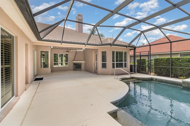 336 Highcroft Ct, Lake Mary, FL 32746 - swimming pool featuring ceiling fan, a patio, and glass enclosure