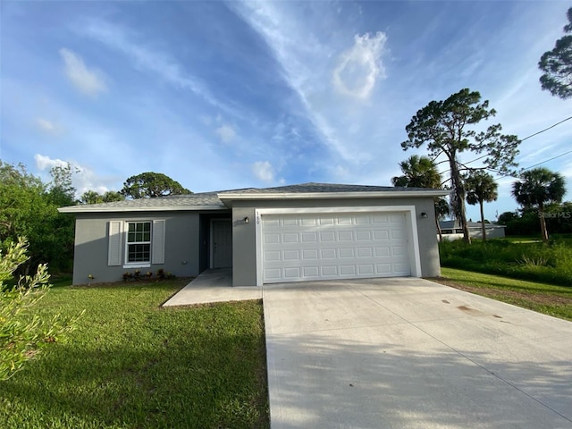 180 Ferguson St SE, Palm Bay, FL 32909 - ranch-style home with stucco siding, concrete driveway, a garage, and a front lawn