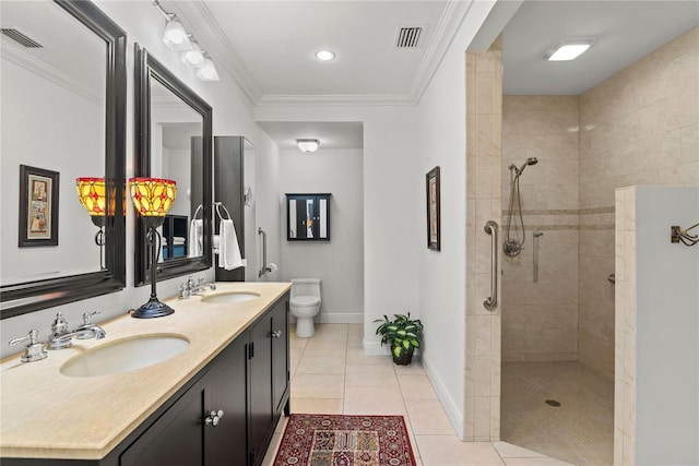 2312 S Summerlin Ave, Orlando, FL 32806 - bathroom with double vanity, tile patterned floors, walk in shower, and ornamental molding