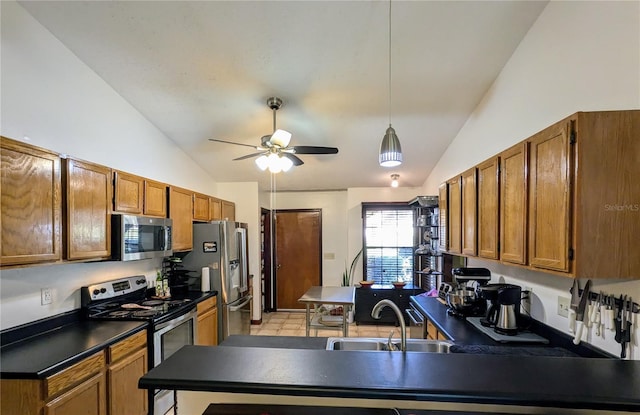 3021 Norvell Ct, Deltona, FL 32738 - kitchen featuring stainless steel appliances, vaulted ceiling, a ceiling fan, brown cabinets, and dark countertops