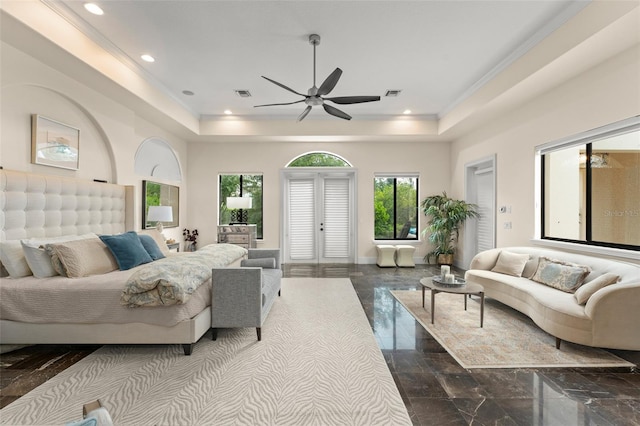 3426 Cocard Ct, Windermere, FL 34786 - living area featuring a raised ceiling, ceiling fan, recessed lighting, and crown molding