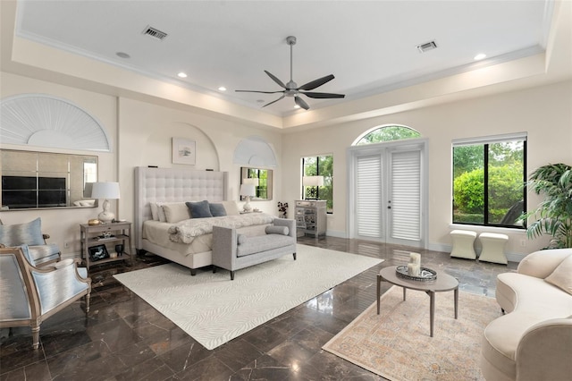 3426 Cocard Ct, Windermere, FL 34786 - bedroom with a raised ceiling, recessed lighting, crown molding, and a ceiling fan