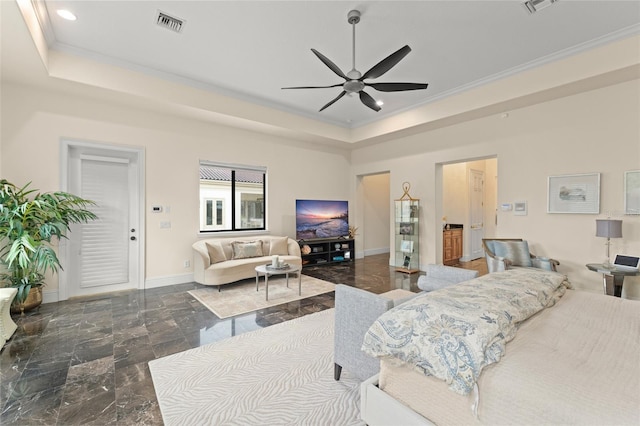 3426 Cocard Ct, Windermere, FL 34786 - living area featuring a raised ceiling, marble tiled flooring, a ceiling fan, crown molding, and recessed lighting