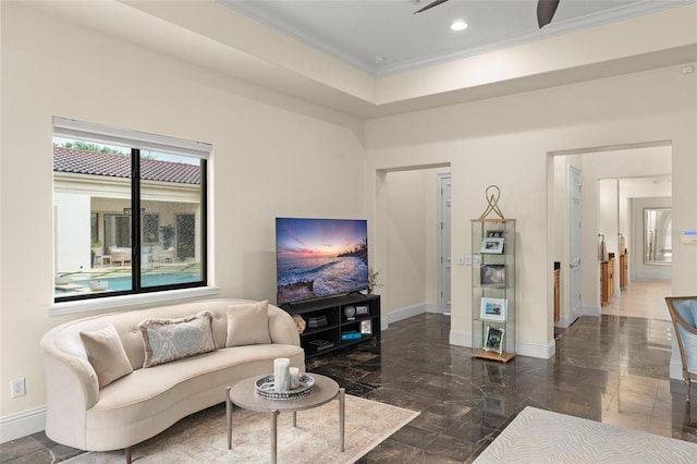 3426 Cocard Ct, Windermere, FL 34786 - living room featuring crown molding, marble tiled floors, ceiling fan, and recessed lighting