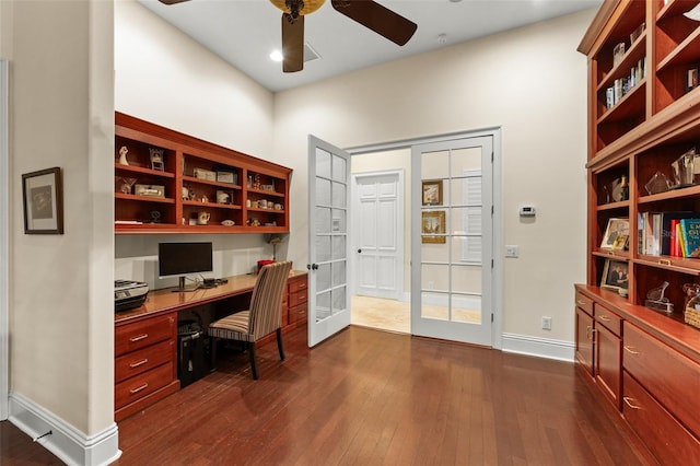 3426 Cocard Ct, Windermere, FL 34786 - office area featuring ceiling fan, built in study area, dark wood-style floors, and french doors