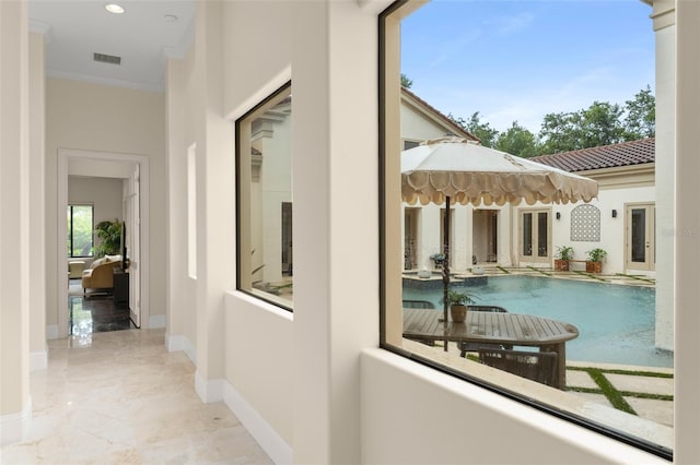 3426 Cocard Ct, Windermere, FL 34786 - hall with ornamental molding, marble finish flooring, and recessed lighting