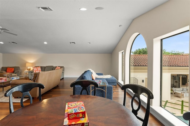 3426 Cocard Ct, Windermere, FL 34786 - dining room with wood finished floors, lofted ceiling, recessed lighting, and ceiling fan