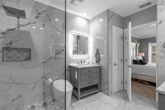 3508 Porta Romano Way, Lake Mary, FL 32746 - ensuite bathroom with vanity, marble finish floors, a marble finish shower, and crown molding