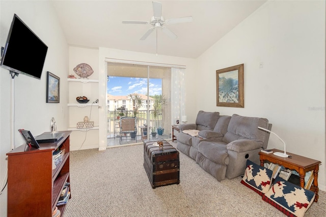1125 Lake Shadow Cir Unit 5308, Maitland, FL 32751 - living area with carpet flooring, a ceiling fan, and vaulted ceiling