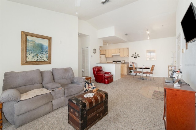 1125 Lake Shadow Cir Unit 5308, Maitland, FL 32751 - living room featuring lofted ceiling, light colored carpet, and ceiling fan