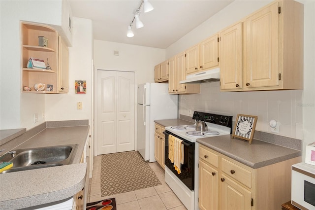 1125 Lake Shadow Cir Unit 5308, Maitland, FL 32751 - kitchen with white appliances, under cabinet range hood, backsplash, light tile patterned floors, and light brown cabinetry