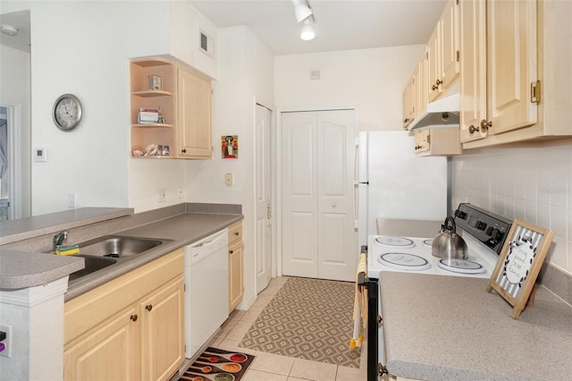 1125 Lake Shadow Cir Unit 5308, Maitland, FL 32751 - kitchen featuring white appliances, under cabinet range hood, light tile patterned floors, open shelves, and a peninsula