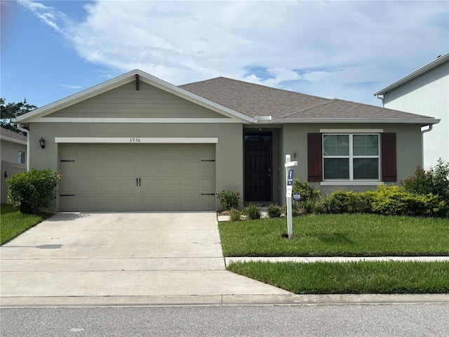 3936 Silverstream Ter, Sanford, FL 32771 - ranch-style house featuring stucco siding, concrete driveway, a front yard, a garage, and roof with shingles