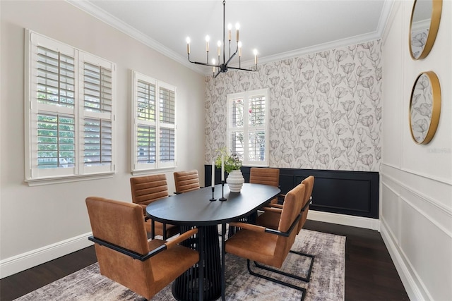 4310 Ethan Ln, Orlando, FL 32814 - dining room with a chandelier, crown molding, wood finished floors, and wallpapered walls
