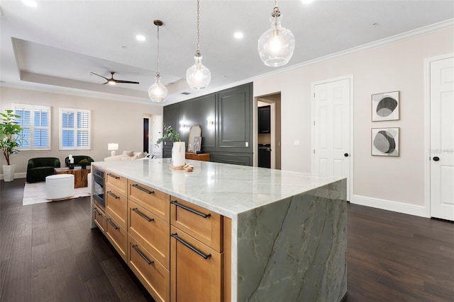 4310 Ethan Ln, Orlando, FL 32814 - kitchen with dark wood-style flooring, light stone countertops, a ceiling fan, ornamental molding, and recessed lighting