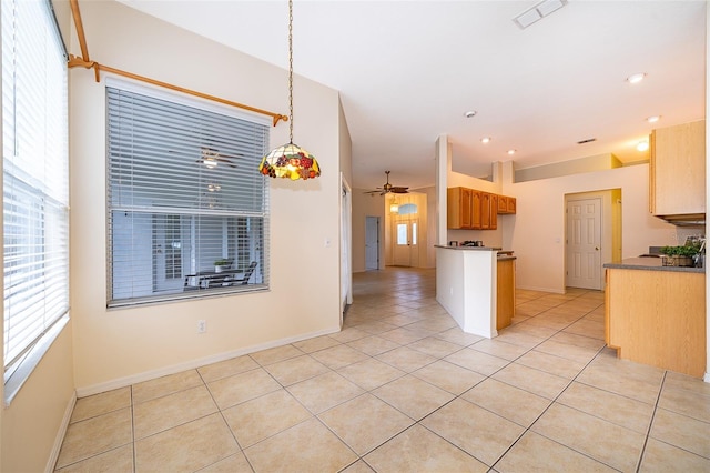 1173 Valley Creek Run, Winter Park, FL 32792 - kitchen with light tile patterned floors, a ceiling fan, recessed lighting, and hanging light fixtures