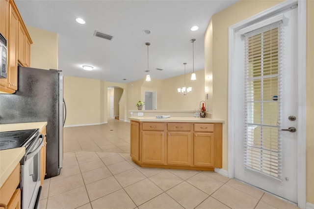 1534 Barking Deer Cv, Casselberry, FL 32707 - kitchen featuring arched walkways, stainless steel electric stove, light tile patterned floors, light countertops, and recessed lighting