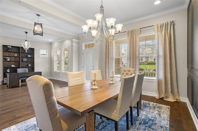 16412 Good Hearth Blvd, Clermont, FL 34711 - dining room featuring a chandelier, healthy amount of natural light, dark wood-type flooring, crown molding, and recessed lighting