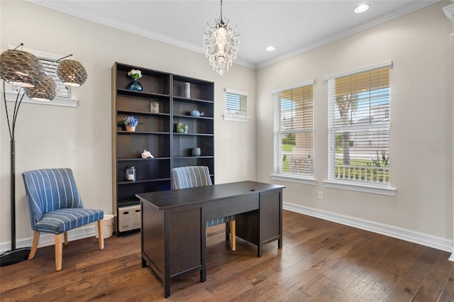 16412 Good Hearth Blvd, Clermont, FL 34711 - office space with dark wood finished floors, crown molding, a chandelier, and recessed lighting