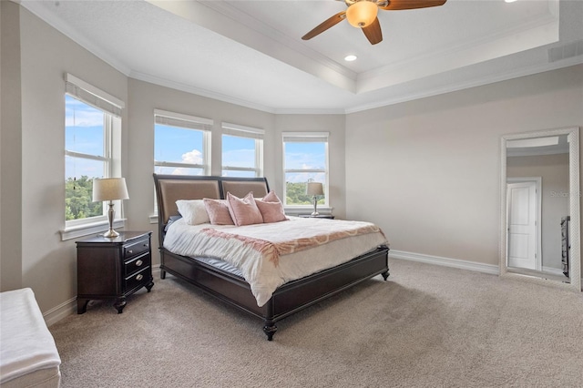 16412 Good Hearth Blvd, Clermont, FL 34711 - bedroom featuring ornamental molding, light carpet, a tray ceiling, recessed lighting, and ceiling fan