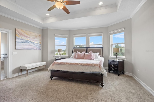 16412 Good Hearth Blvd, Clermont, FL 34711 - bedroom with a tray ceiling, light carpet, ornamental molding, a ceiling fan, and recessed lighting