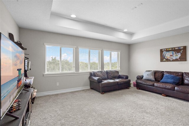 16412 Good Hearth Blvd, Clermont, FL 34711 - carpeted living area with a raised ceiling, plenty of natural light, recessed lighting, and a textured ceiling