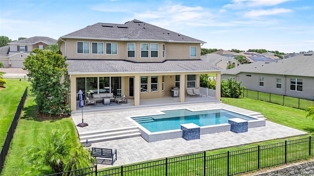 16412 Good Hearth Blvd, Clermont, FL 34711 - rear view of property featuring an outdoor living space, a patio area, stucco siding, a fenced backyard, and a shingled roof