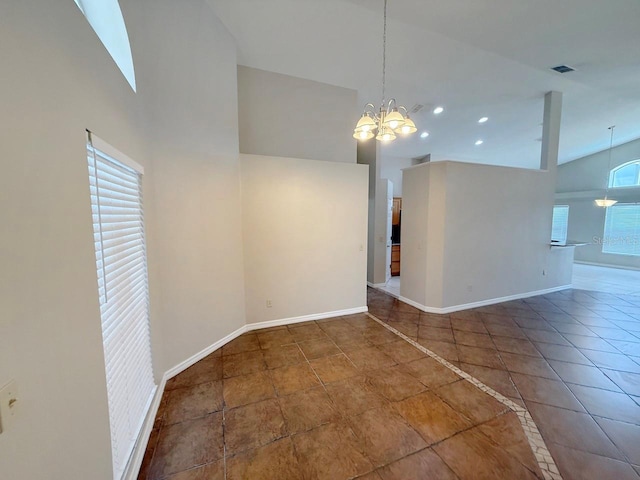 unfurnished dining area featuring high vaulted ceiling, a chandelier, tile patterned floors, and recessed lighting