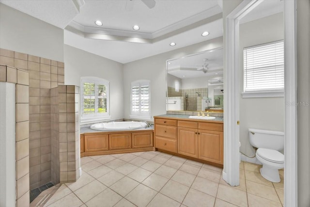 307 Running Wind Ln, Maitland, FL 32751 - bathroom with ceiling fan, a stall shower, a garden tub, vanity, and crown molding