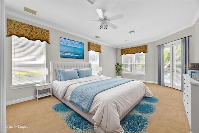 307 Running Wind Ln, Maitland, FL 32751 - bedroom featuring light carpet, access to exterior, crown molding, and a ceiling fan