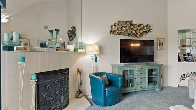 165 Durham Pl Unit 165, Longwood, FL 32779 - living area with ceiling fan, vaulted ceiling, and a tiled fireplace