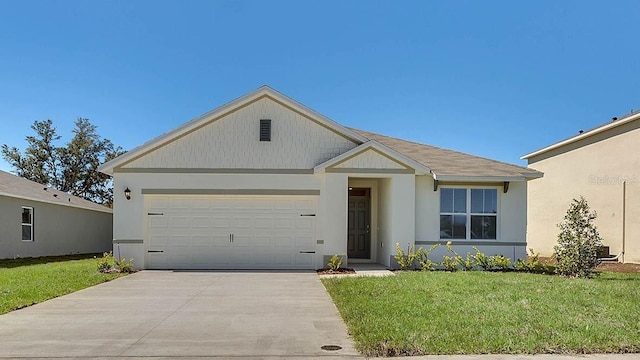 3593 Roden, Haines City, FL 33844 - ranch-style house with a garage, a front lawn, driveway, and stucco siding