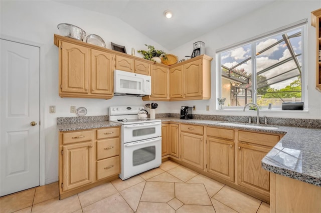 6630 Hidden Beach Cir, Orlando, FL 32819 - kitchen featuring white appliances, light brown cabinetry, lofted ceiling, light tile patterned flooring, and stone counters