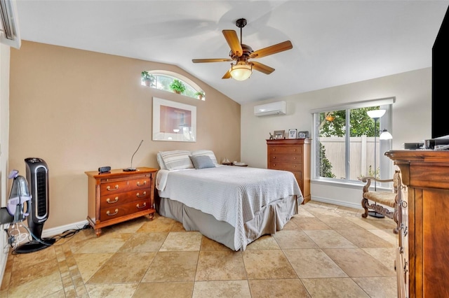6630 Hidden Beach Cir, Orlando, FL 32819 - bedroom featuring an AC wall unit, lofted ceiling, and a ceiling fan