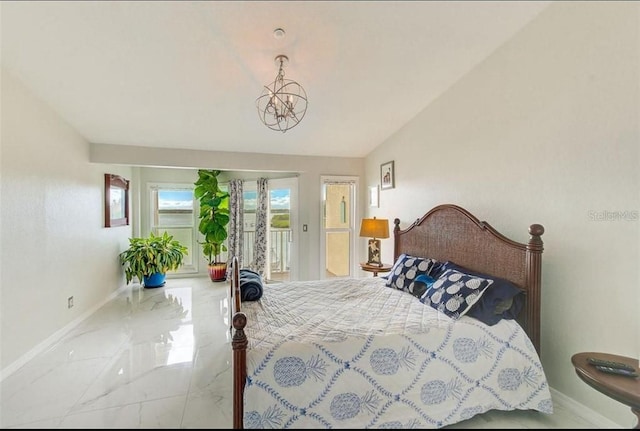 150 Brent Cir, Oldsmar, FL 34677 - bedroom with marble tiled flooring, a chandelier, access to exterior, and lofted ceiling
