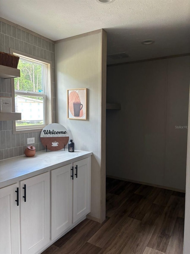 1349NW 109th Ave, Ocala, FL 34482 - kitchen with open shelves, dark wood-type flooring, light countertops, white cabinets, and backsplash