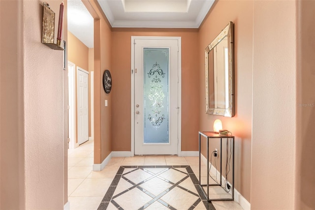 5263 Beach River Rd, Windermere, FL 34786 - foyer entrance featuring light tile patterned flooring, a raised ceiling, and ornamental molding