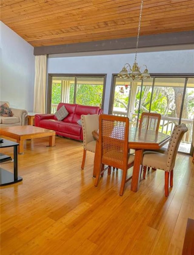 116 Palm View Ct Unit 3535/6, Haines City, FL 33844 - dining area featuring wood ceiling, healthy amount of natural light, a chandelier, light wood-type flooring, and vaulted ceiling
