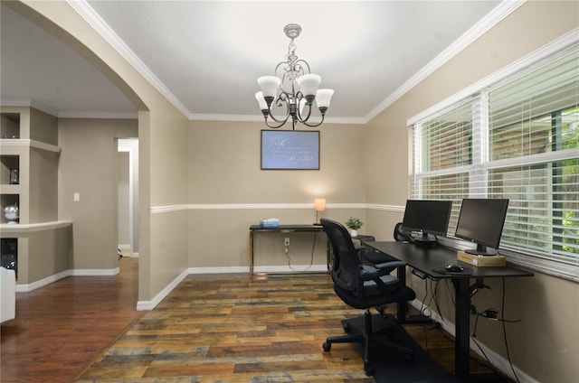 209 7th St S, Haines City, FL 33844 - office featuring arched walkways, wood finished floors, crown molding, and a chandelier