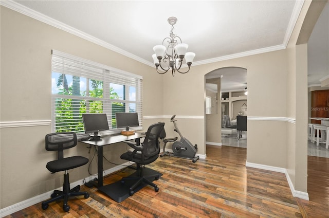 209 7th St S, Haines City, FL 33844 - office space featuring arched walkways, a chandelier, ornamental molding, and wood finished floors