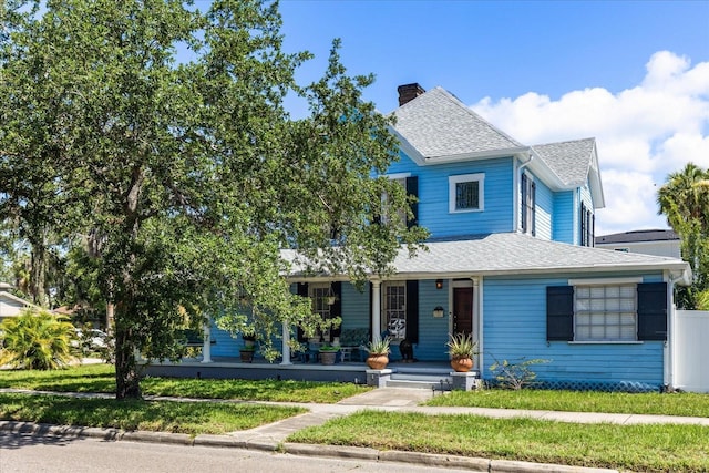 8407 Interbay Blvd, Tampa, FL 33616 - view of front of house featuring covered porch, a shingled roof, a chimney, and a front lawn
