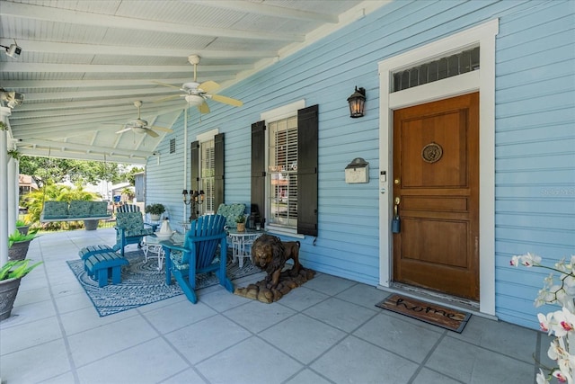 8407 Interbay Blvd, Tampa, FL 33616 - view of exterior entry featuring covered porch and ceiling fan
