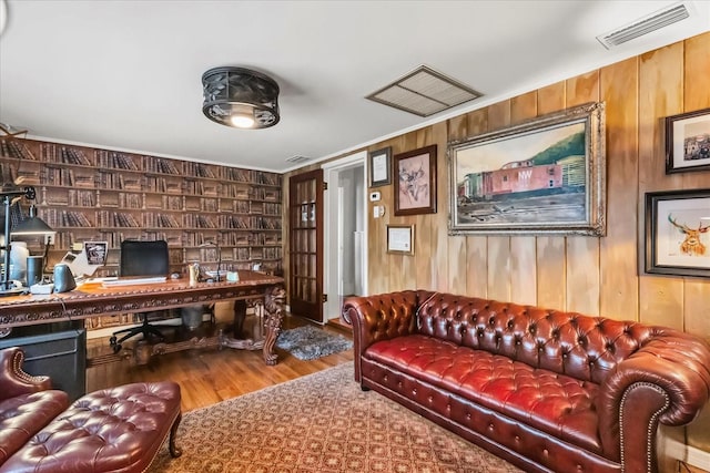 8407 Interbay Blvd, Tampa, FL 33616 - office featuring wood finished floors, wood walls, and ornamental molding