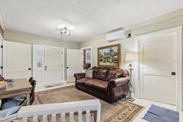 8407 Interbay Blvd, Tampa, FL 33616 - living room with an AC wall unit, crown molding, and wooden walls