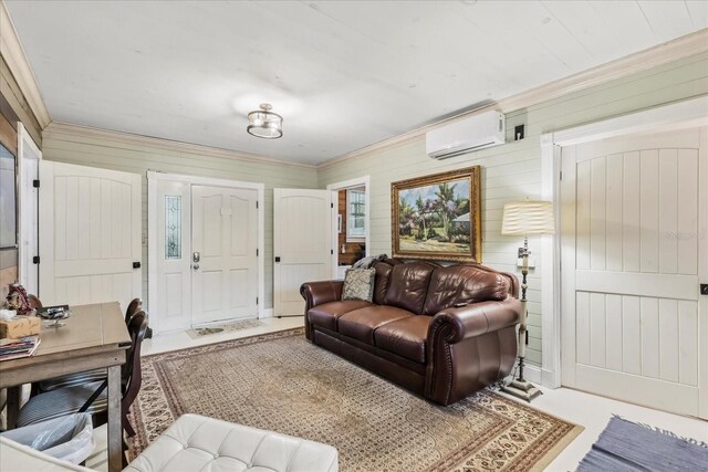 8407 Interbay Blvd, Tampa, FL 33616 - living room with a wall unit AC, crown molding, and wood walls