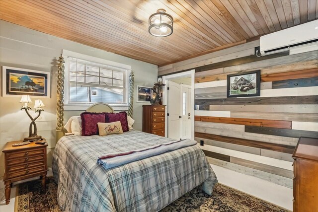 8407 Interbay Blvd, Tampa, FL 33616 - bedroom featuring a wall mounted air conditioner, wood ceiling, and wooden walls