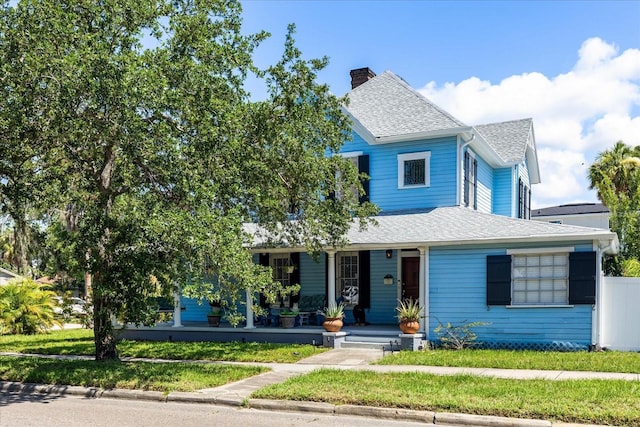 8407 Interbay Blvd, Tampa, FL 33616 - view of front of home featuring covered porch, a shingled roof, a chimney, and a front yard